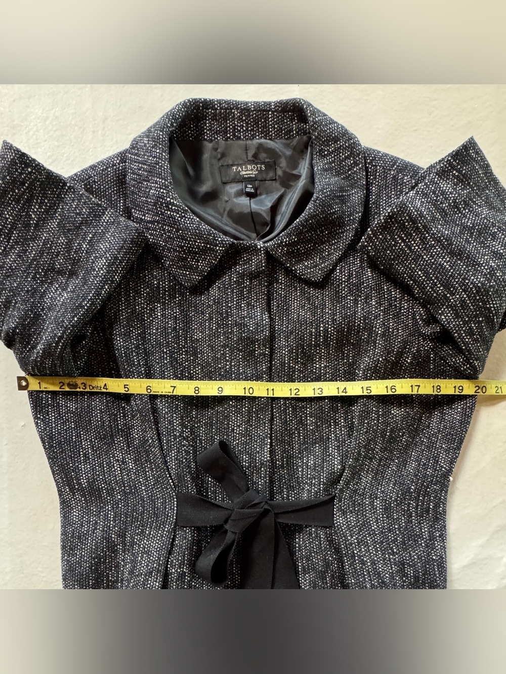 Talbots Black White Tweed Cropped Jacket 3/4 Sleeves Lined Tie Belt (12P) - Picture 9 of 17